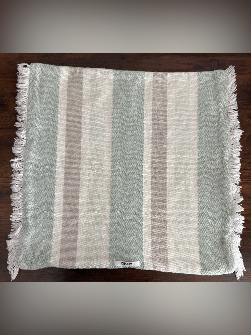 DKNY Decorative Throw Pillow Cover Sage Green Beige Striped Fringe 21x21